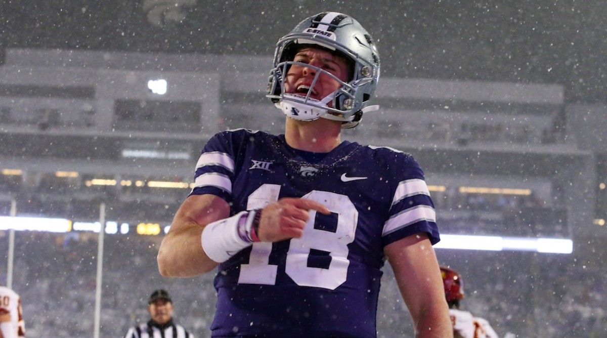 Nov 25, 2023; Manhattan, Kansas, USA; Kansas State Wildcats quarterback Will Howard (18) celebrates a touchdown in the third quarter against the Iowa State Cyclones at Bill Snyder Family Football Stadium. Mandatory Credit: Scott Sewell-USA TODAY Sports